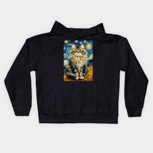 Adorable Siberian Cat Breed Painting in a Van Gogh Starry Night Art Style Kids Hoodie